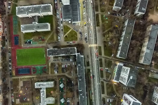 Top view of the city of Moscow, buildings and roads and other infrastructure of the city. Cityscape view from above.