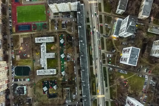 Top view of the city of Moscow, buildings and roads and other infrastructure of the city. Cityscape view from above.