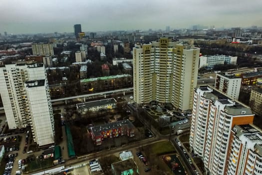 Top view of the city of Moscow, buildings and roads and other infrastructure of the city. Cityscape view from above.