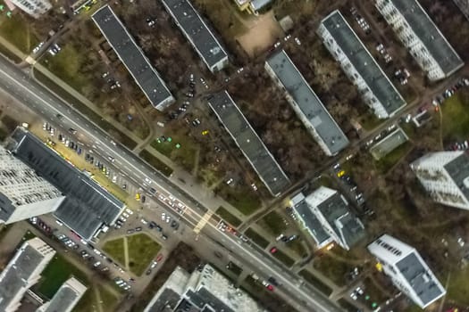 Top view of the city of Moscow, buildings and roads and other infrastructure of the city. Cityscape view from above.