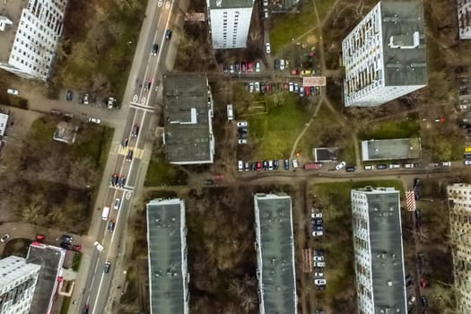 Top view of the city of Moscow, buildings and roads and other infrastructure of the city. Cityscape view from above.