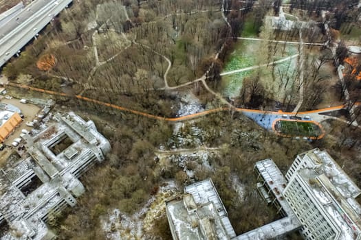 Top view of the city of Moscow, buildings and roads and other infrastructure of the city. Cityscape view from above.