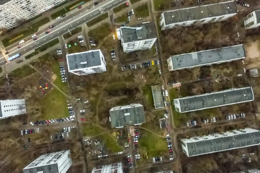 Top view of the city of Moscow, buildings and roads and other infrastructure of the city. Cityscape view from above.