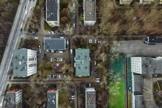 Top view of the city of Moscow, buildings and roads and other infrastructure of the city. Cityscape view from above.