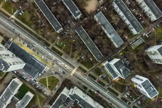 Top view of the city of Moscow, buildings and roads and other infrastructure of the city. Cityscape view from above.