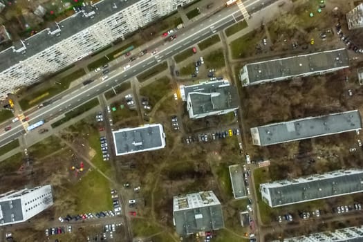 Top view of the city of Moscow, buildings and roads and other infrastructure of the city. Cityscape view from above.