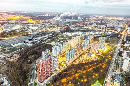 Top view of the city of Moscow, buildings and roads and other infrastructure of the city. Cityscape view from above.