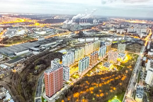 Top view of the city of Moscow, buildings and roads and other infrastructure of the city. Cityscape view from above.