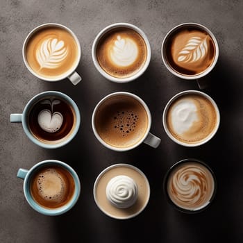 Variety of coffee like cappuccino, espresso, milk coffee, hot drink for breakfast, take a break, generative AI