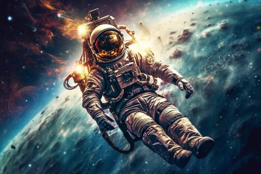 Astronaut wearing a spacesuit, travel to a new galaxy, planet earth from the space, exploration of the cosmos, generative AI