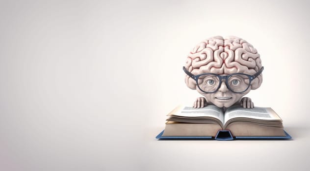 Human brain with eyeglasses is reading a book, knowledge is power, learn new skills, education and science concept, smart student, generative AI