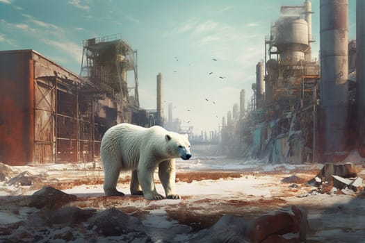 Ice bear and industrial factory, disaster for wildlife animals, damage of the environment and ecosystem, climate change, generative AI