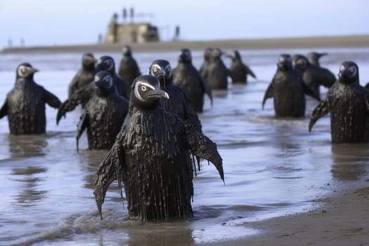 Penguins covered with oil and tar, oil slick on the water, environment disaster, oiling of the ocean, generative AI