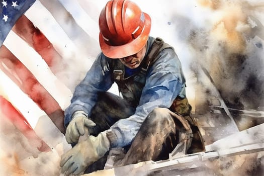 Labour day, men at work, american flag, handyman with tools at work, generative AI
