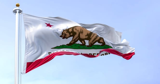 California State flag waving in the wind on a clear day. California flag is also the Bear Flag. 3d illustration render. Rippled Fabric.
