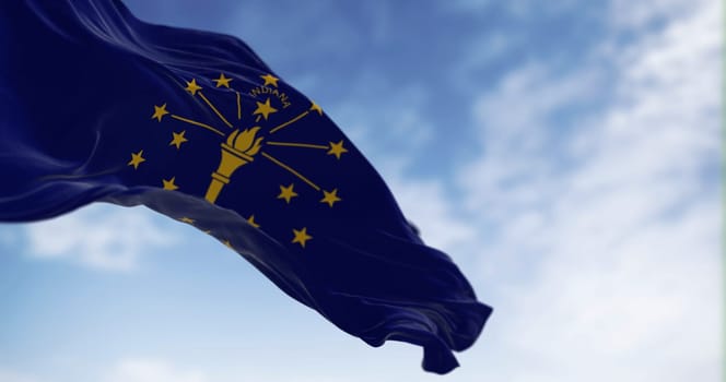 Indiana state flag waving in the wind on a clear day. Indiana is a U.S. state in the Midwestern United States. 3d illustration render. Selective focus