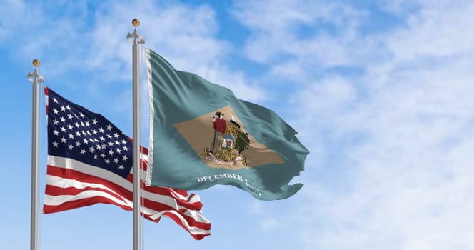 Delaware state flag waving with the national flag of the United States of America on a clear day. 3D illustration render. Rippled textile