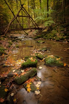 Wooden bridge at the forest river wieslauf