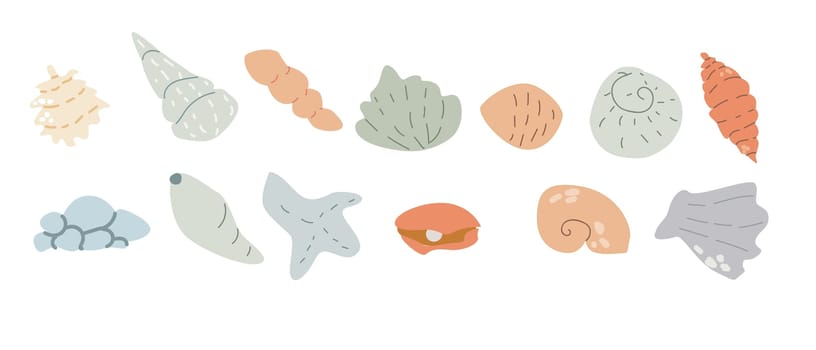 Cute childrens sea animals set. Marine underwater elements collection. Ocean inhabitants shells. Wild aquatic creatures in childish naive hand drawn style.