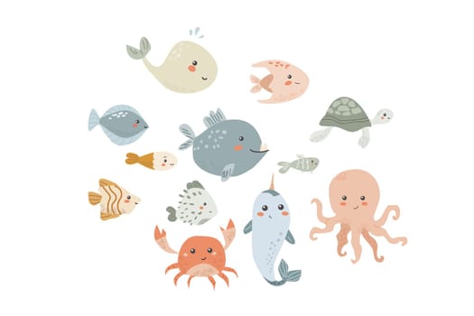 Childrens sea animal background with shell. Nautical elements card. Cute fish or ocean inhabitant with seaweed, shells. Sea wild life, marine animals background for cover design, cloth