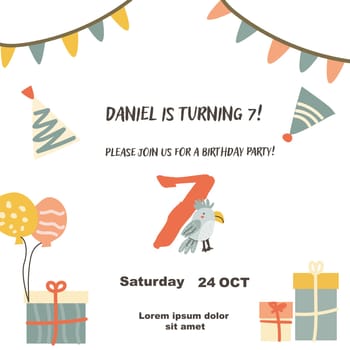 Childrens birthday invitation posters set. Can used for birthday party, childish design. Cute animals and gifts. Tropical animals party invite backgrounds set.
