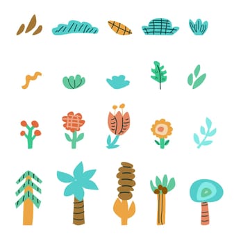Cute childrens floral elements set. Tropical and scandinavian tree, flower, plant collection. Palms and christmas tree in childish style. Naive doodle floral set for poster, pattern, greeting card.