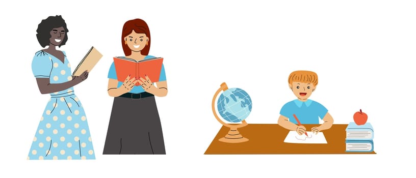 Back to school concept elements set. Online school kid and teachers. Education characters and elements set. Book reading female teacher. Boy drawing. September, teachers day holiday background.