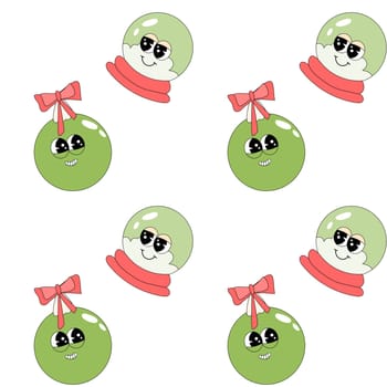 Happy new year pattern with y2k elements. Groovy characters background with santa, snow ball, xmas tree, gifts. Christmas groovy hippie pattern with retro characters in 60s, 70s, y2k style