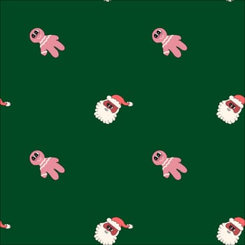 Happy new year pattern with y2k elements. Groovy characters background with santa, snow ball, xmas tree, gifts. Christmas groovy hippie pattern with retro characters in 60s, 70s, y2k style