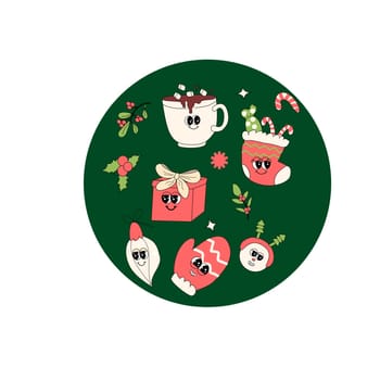 y2k retro new year and xmas banner with groovy characters. Vintage background with xmas cartoon mascots - santa, christmas tree, gifts and other characters. Can used for celebration design.