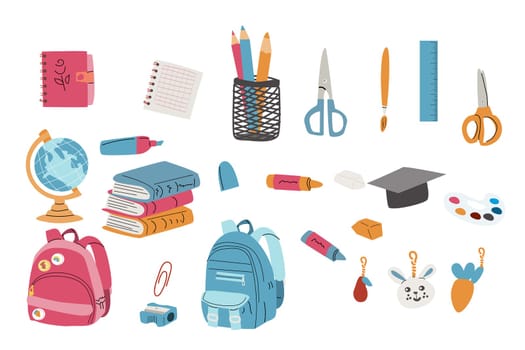 Childrens supplies cute elements of elementary school. Schoolbag, pendant, globe, pencils and books, notes for stickers, scrapbooking. Kindergarten flat elements for education. Back to school.