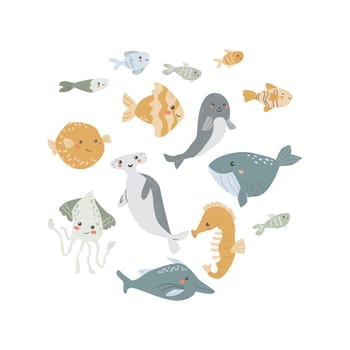 Childrens sea animal background with shell. Nautical elements card. Cute fish or ocean inhabitant with seaweed, shells. Sea wild life, marine animals background with plants for cover design, cloth