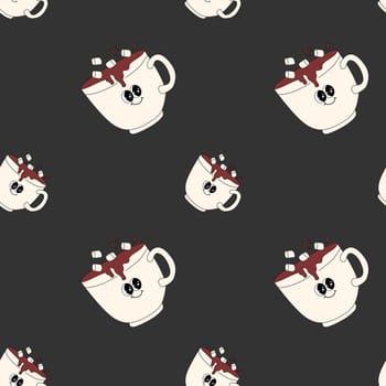 Happy new year pattern with y2k elements. Groovy characters background with santa, snow ball, xmas tree, gifts. Christmas groovy hippie pattern with retro characters in 60s, 70s, y2k style