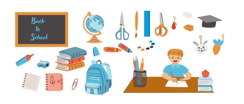 Childrens supplies cute elements of elementary school. Schoolbag, pendant, globe, pencils and books, notes for stickers, scrapbooking. Kindergarten flat elements for education. Back to school.