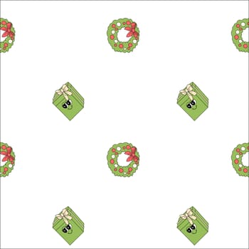 Happy new year pattern with y2k elements. Groovy characters background with santa, snow ball, xmas tree, gifts. Christmas groovy hippie pattern with retro characters in 60s, 70s, y2k style