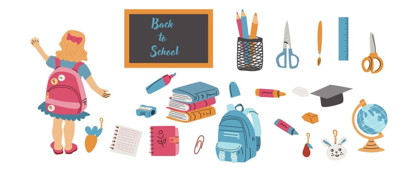 Childrens supplies cute elements of elementary school. Schoolbag, pendant, globe, pencils and books, notes for stickers, scrapbooking. Kindergarten flat elements for education. Back to school.