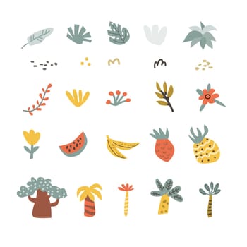 Childrens floral elements for kids design. Tropical summer plants, palm tree and flowers, branch, fruits in naive style. Can used for scrapping, nursery prints, cover design, stickers.