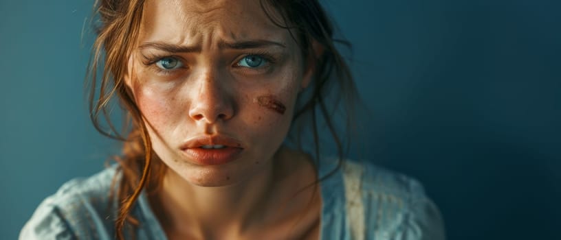 A wide-eyed woman's portrait, marked by bruises and a cut lip, evokes a powerful emotional response. She stands as a silent witness to her own suffering, yet her gaze holds an narrative of endurance