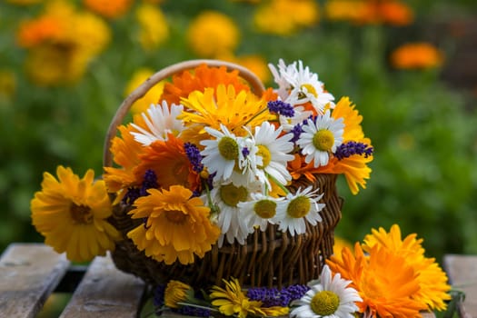 Beautiful fresh summer flowers in wicker basket on table against blurred floral background