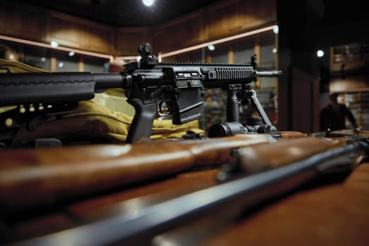 Machine gun, rifle arsenal presentation at weapon store. Commercial exhibition of firearms for legal shopping and procurement for army forces