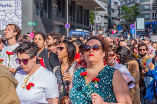 Porto, Portugal: April 25, 2024: Celebration and Protest of the April 25 in Portugal, Liberty Portuguese day, in Porto, Portugal