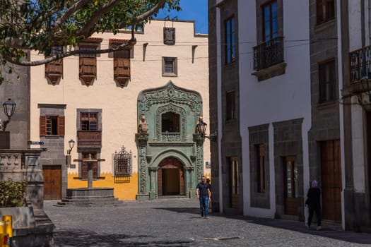 Gran Canaria, Spain: March 21, 2024: People walking outside the Library Colombina, Casa de Colon (Columbus house) Las Palmas, Gran Canaria, Spain