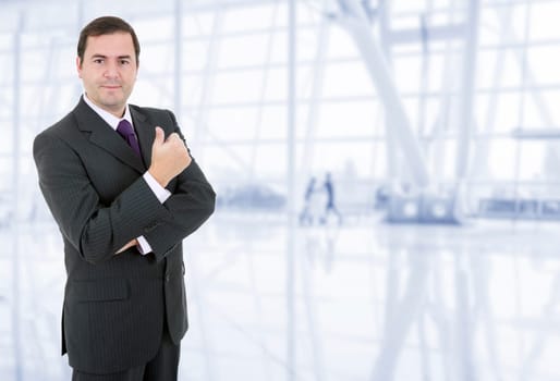young business man going thumb up, at the office
