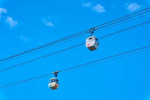 the Rhine cable car, Rhein-Seilbahn across the river Rhine connects the Cologne district of Deutz with the zoo on the other side