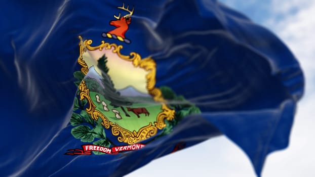 Vermont and the american flags waving in the wind. Blue background with State coat of arms and motto. 3d illustration render. Fluttering fabric.Textured background