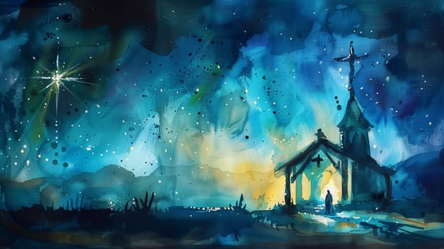 Birth of Jesus Christ, star of Bethlehem shinning over the barn, religion and faith of christianity, bibical story of Christmas