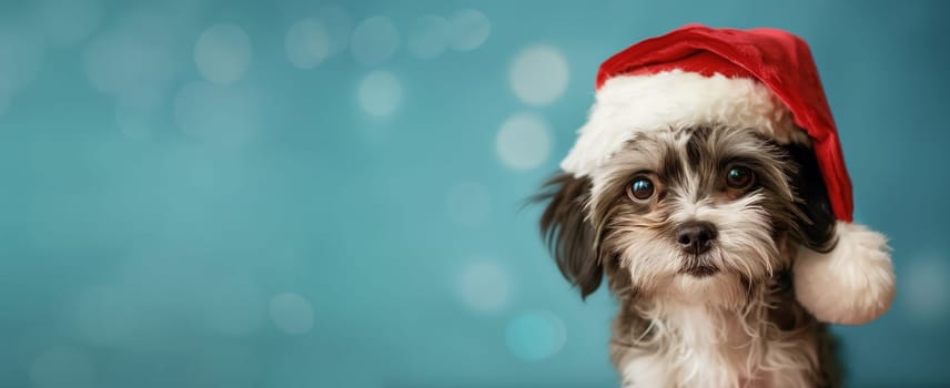 Shih Tzu puppy with red santa claus hat, Christmas holiday, winter season, pet dog blue background