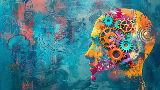 Cogwheels brain, brainstorming and creativity concept, gear wheels rotation in artificial intelligence, engineering mind