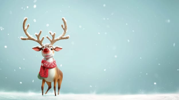 Reindeer with snowflakes and scarf, merry christmas holiday greeting card, winter season, blue color, xmas