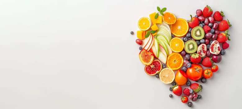 Heart made from fruits like strawberry, orange, kiwi, apple and grapes, healthy food and lifestyle, vegan nourishment